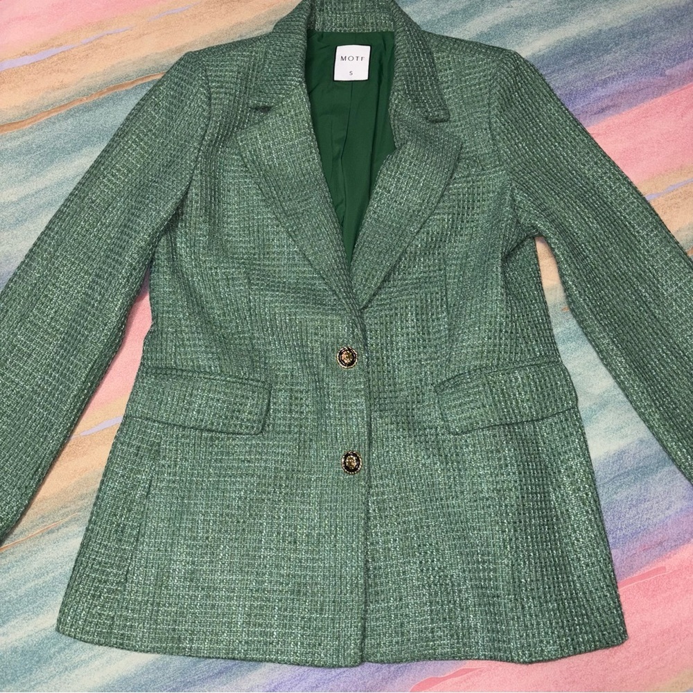TRENDS BLAZER MOTF PREMIUM TWEED VISCOSE-BLEND BLAZER GREEN Size S - Picture 4 of 12